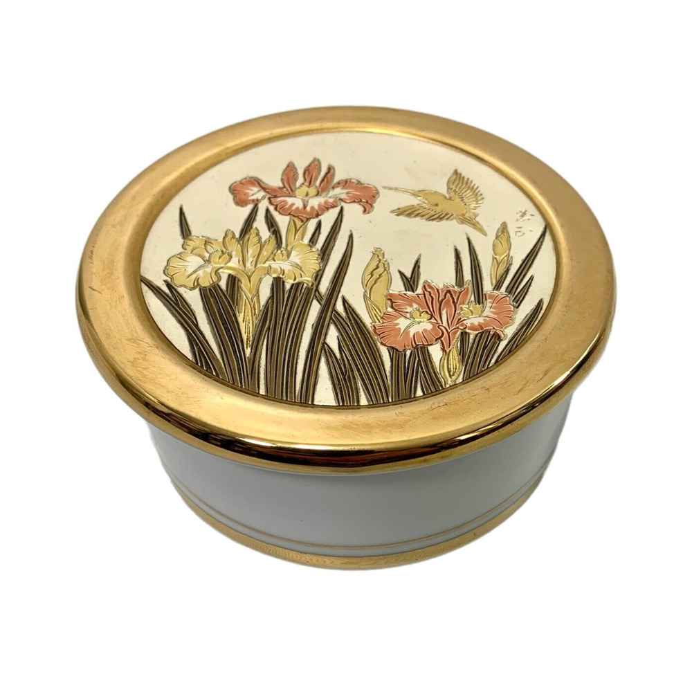 The Art of Chokin Trinket Box Dish 24 kt Gold‎ Trim Hummingbird & Flowers  Japan